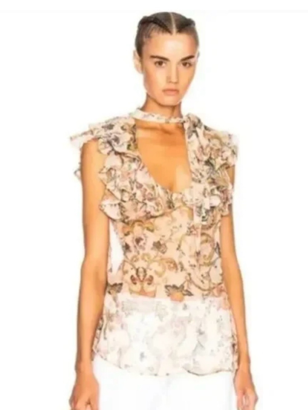ZIMMERMANN Painted Heart Silk Ruffle Tie Neck Sleeveless Top Peach Tape Size 2=M